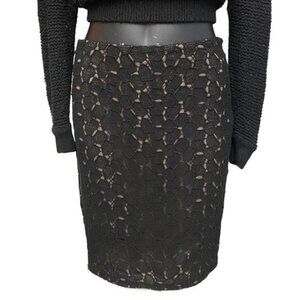 Diane Von Furstenberg Black Lace Zipper Leather Trim Pencil Skirt